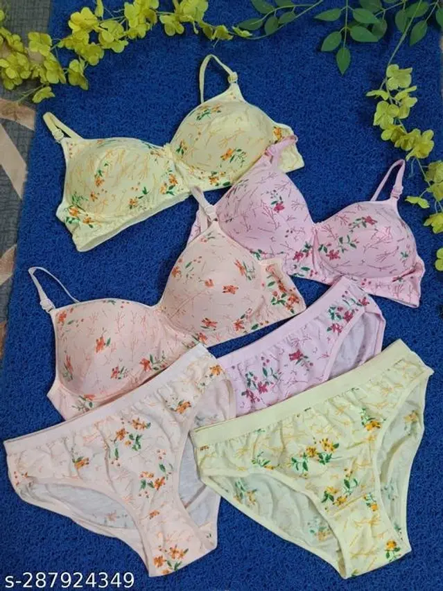 Cotton Blend Printed Lingerie Set for Women, Pack of 3 (Multicolor, 30A)