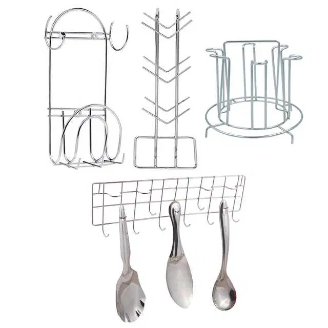 Stainless Steel Cup Stand Cup Holder & Glass Stand & Chakla Belan Stand With Hook & Hook Rail For Kitchen, Set of 4, OC-044