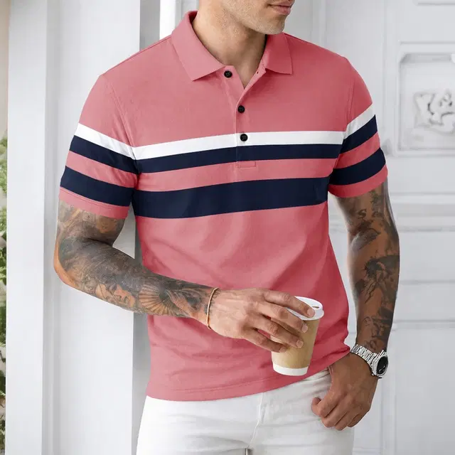 Polo Neck T-Shirt for Men (Pink, S)