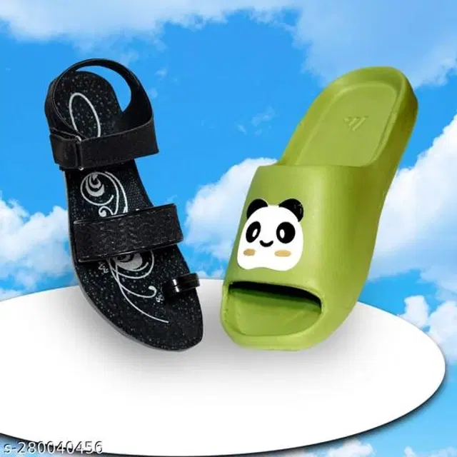 Floaters with Sliders for Women, Pack of 2 (Black & Green, 5)