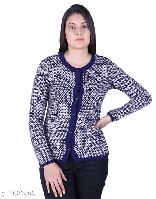 Acrylic Solid Sweater for Women (Navy Blue & Beige, L)