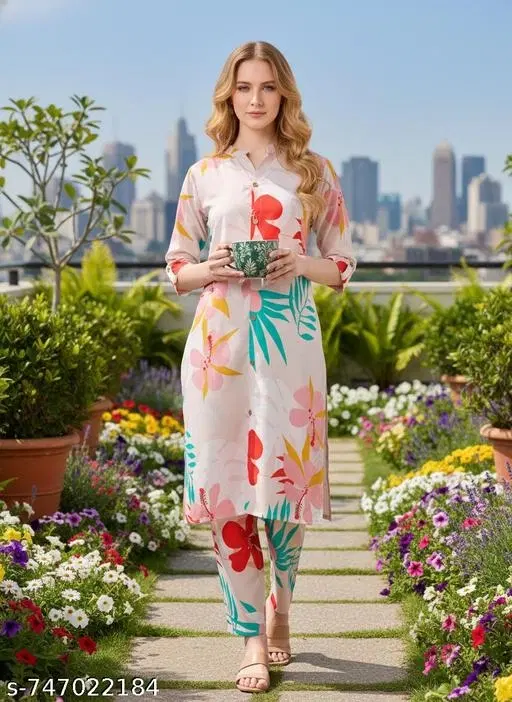 Floral Printed Kurti Pant Set for Women (Multicolor, S)