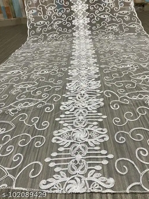 Embroidered Banarasi Net Stall with Aari Work (White, Free Size)