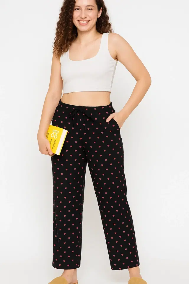 Women's Printed Sleepwear Pyjama Pants; Black; Style-1