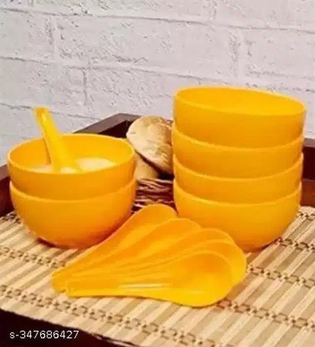 Plastic 6 Pcs Bowls, 250 ml with 6 Pcs Spoons, Yellow, Set of 2