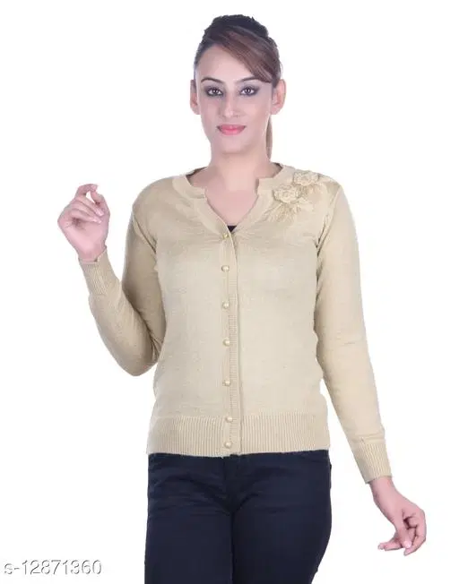 Acrylic Solid Sweater for Women (Beige, M)