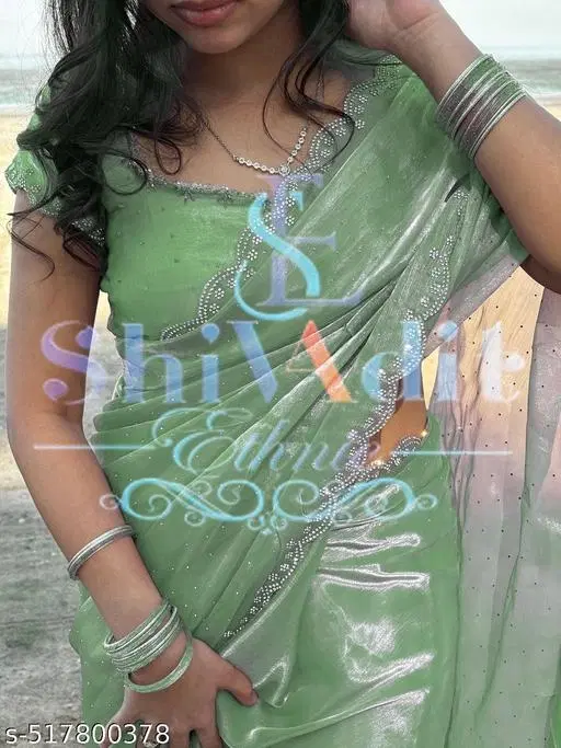 Georgette Solid Saree For Women, Green