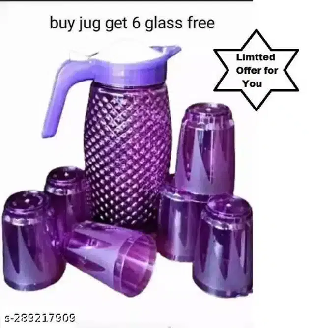 Plastic Jug with 6 Pcs Glass, Purple, Set of 2