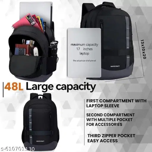 PRAYER BAGs  48L Black Laptop Backpack with 3 Compartment, Bottle Pocket, Front Pocket|Fits upto 17Inch Laptop Bag |Business, College, School Backpack|Casual Daypacks|Durable Backpack for Men & Women