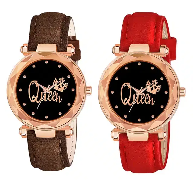 Designer Leather Analog Watch for Women & Girls, Pack of 2 (Brown & Red)