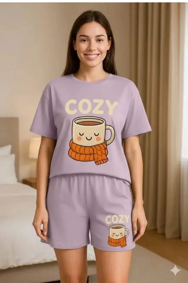 Cotton Blend Printed Top & Bottom Set for Women, Purple (M)