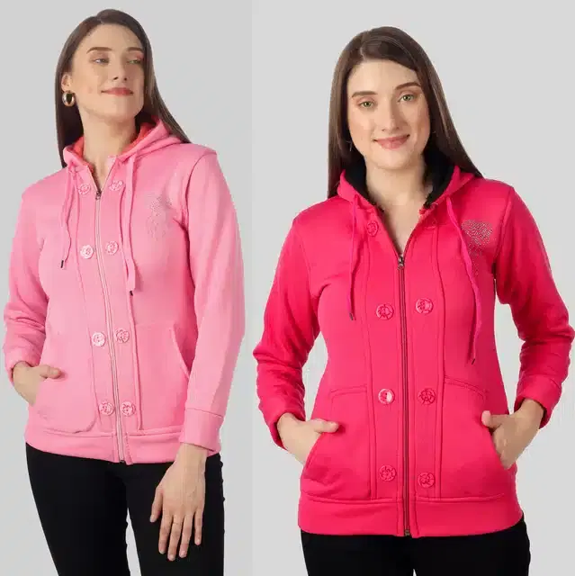 Full Sleeves Hooded Sweatshirt for Women, Pack of 2 (Pink, M)