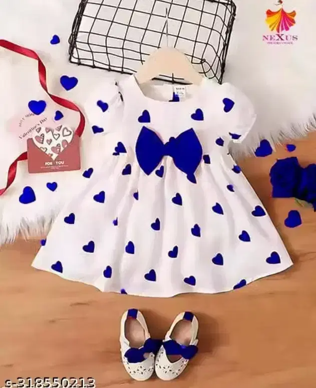 Heart Shape Print Cotton Frocks for Girls, White & Blue (6-12 Months)