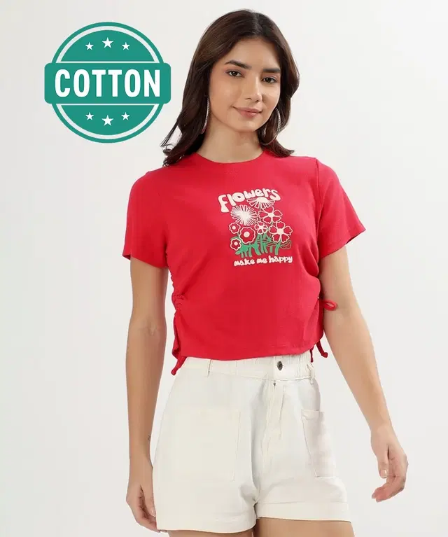 Round Neck Printed T-Shirt for Women, Red (M)