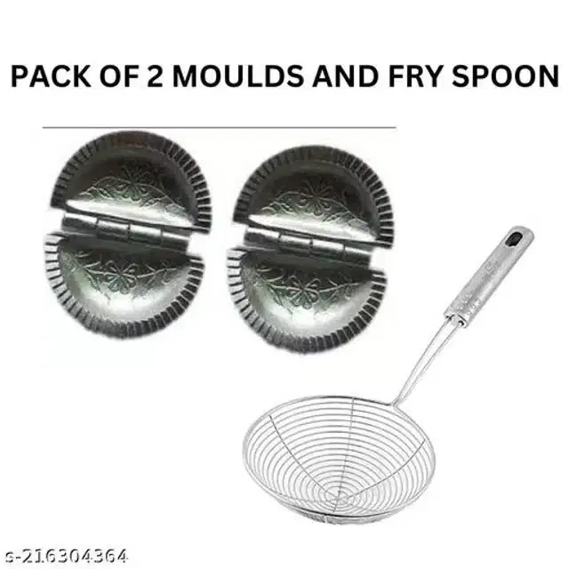Stainless Steel Multipurpose Dumpling Maker, 2 Pcs with Deep Frying Strainer, Silver, Set of 3