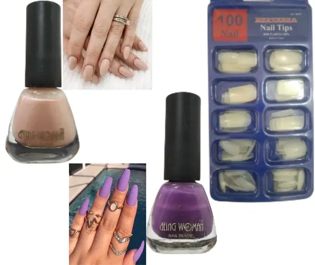 Combo of 2 Pcs Being Woman Nail Polishes & 100 Pcs Artificial Nail Tips, Multicolor, Set of 3
