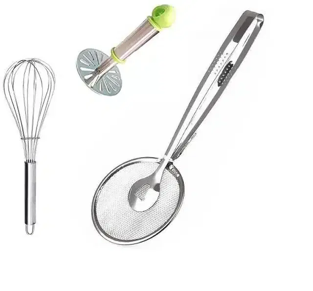 Stainless Steel Masher with Whisk, Deep Fry Strainer & Spoon Snack, Silver, Set of 4
