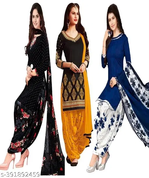 Crepe Printed Unstitched Suits for Women, Pack of 3 (Black, Un Stitched)
