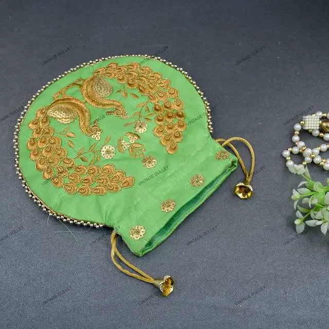 Cotton Silk Ethnic & Traditional Handheld Potli for Women, Green, A-55