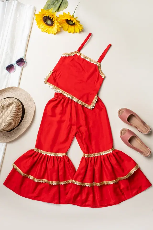 Rayon Sequinned Kurti with Sharara & Dupatta for Girls (Red, 2-3 Years)