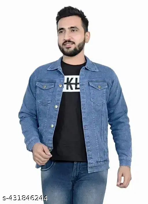 Denim Solid Jacket for Men (Blue, XXL)