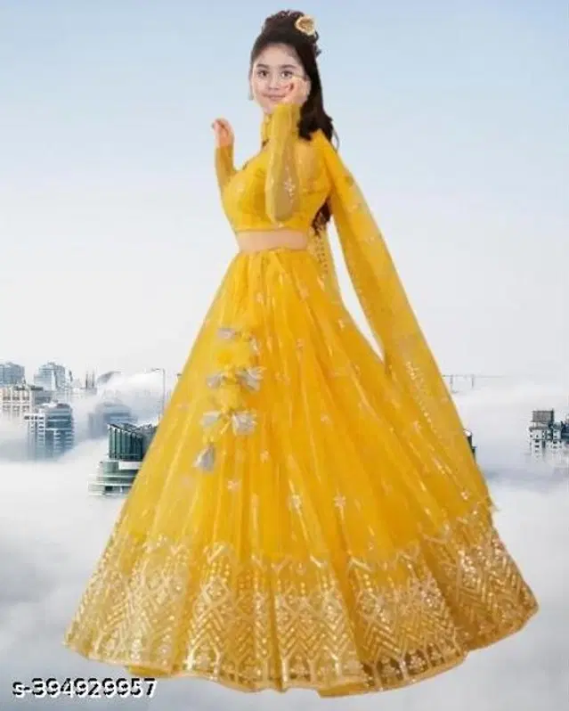 Net Lehenga with Choli & Dupatta for Girls (Yellow, 8-9 Years)