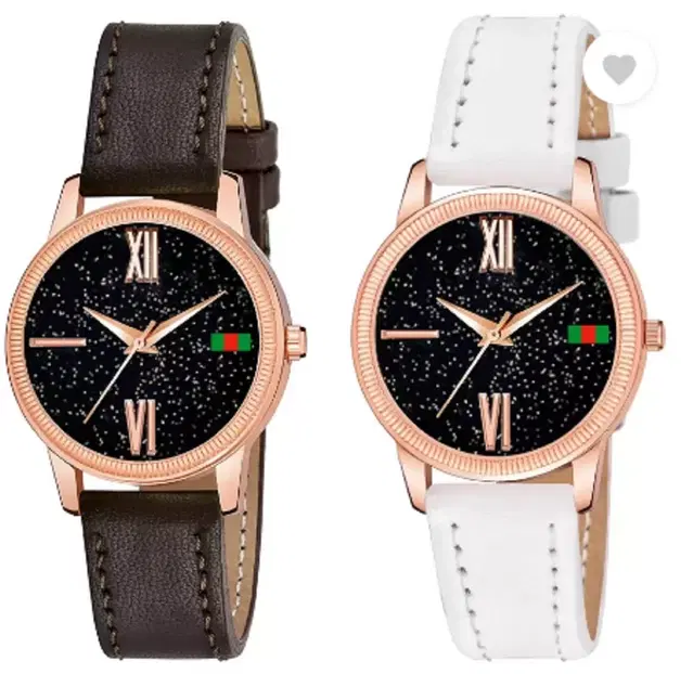 Leather Strap Analog Watch for Women & Girls, Pack of 2 (Multicolor)
