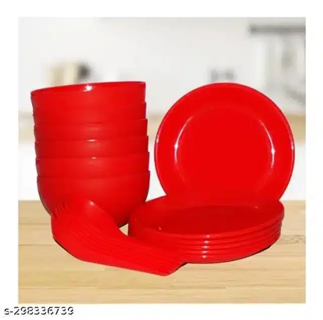 Plastic 6 Pcs Bowls with 6 Pcs Spoons & 6 Pcs Plates, Red, Set of 3
