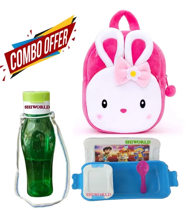 Combo of Fabric School Bag, Water Bottle with Lunch Box for Kids, Multicolor, Set of 3