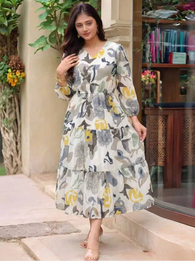 Poly Georgette Floral Print Kurti for Women, Yellow (XL)