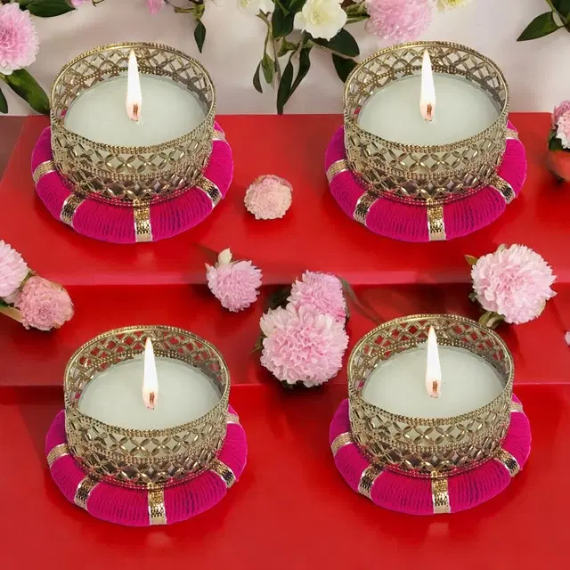 Metal Designer Tealight Candle Holder, Pink, 5x5x2 cm, Pack of 4