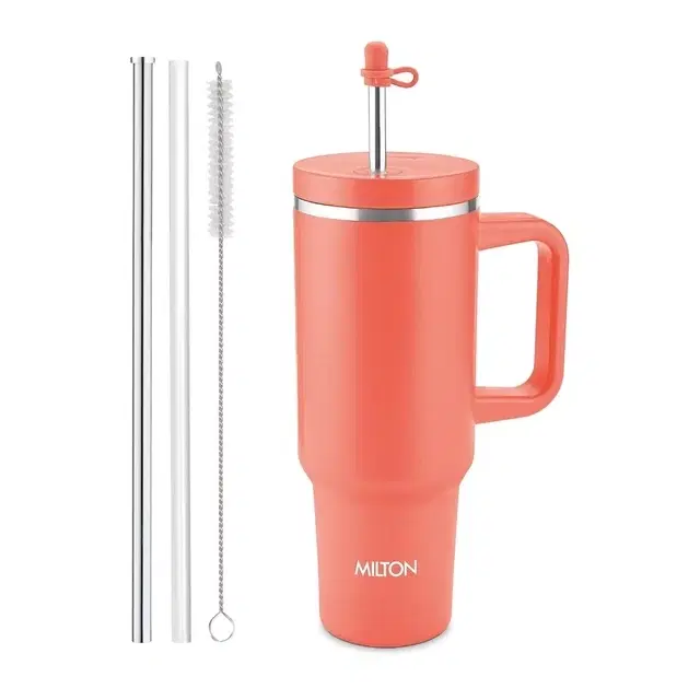 Milton My Tumbler 1200 Thermosteel Double Wall Vacuum Insulated Stainless Steel Tumbler With Handle 1100 ml,Leak Proof Travel Mug,Straw,Silicon Cap Cleaning Brush,Hot & Cold Beverage Flask,Coral Orange
