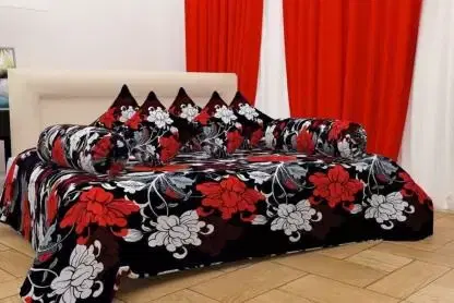 Swadeshi Style PolyCotton Diwan Set with 8 Pieces 1 Single Bed Sheet with 5 Cushions Covers and 2 Bolster Covers, Multicolor, 150 cm X 230 cm, DD-55