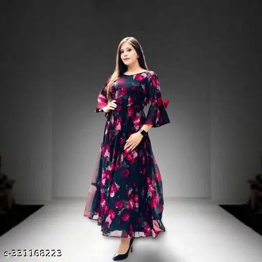 Floral Designer Gown Kurti for Ladies for Women (Blue, S)