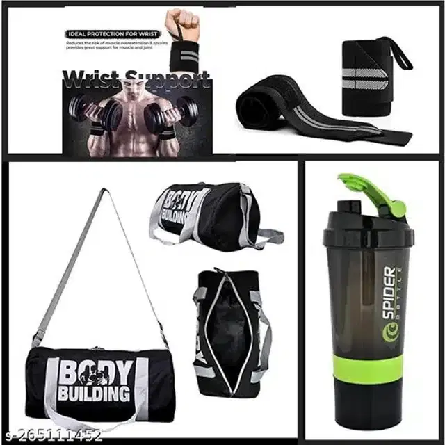 Combo of Gym Bag with Shaker Bottle, 500 ml, Wrist Support Bands, Multicolor, Set of 3