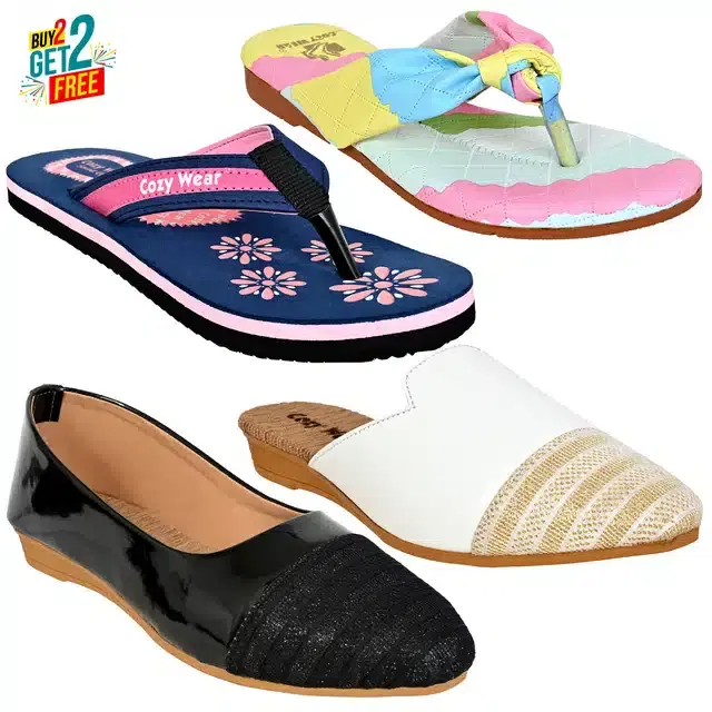 Bellies with Slippers for Women, Set of 4 (2 Pairs) (2 Pairs) (Multicolor, 6)