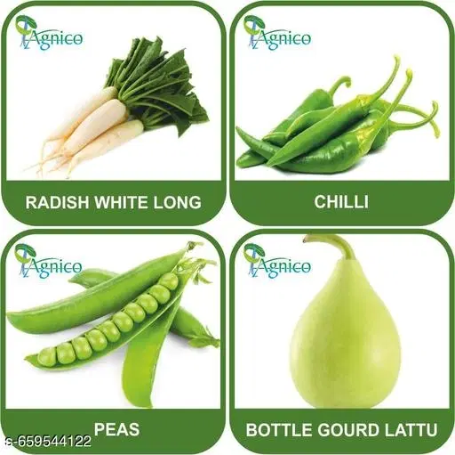 4 Vegetable Seeds Combo With Instruction Manual(Radish White Long/Chilli/Peas/Bottle Gourd Lattu)