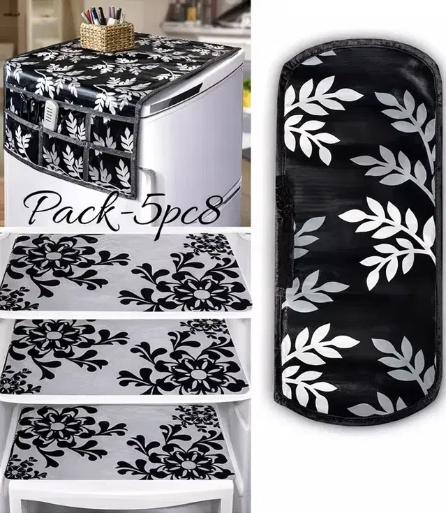 Krishna 1 Fridge Top Cover with 1 Handle Cover & 3 Placemat, Set of 5, Black