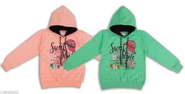 Fleece Printed Full Sleeves Hooded Sweatshirts for Girls, Pack of 2 (Light Pink & Green, 3-4 Years)