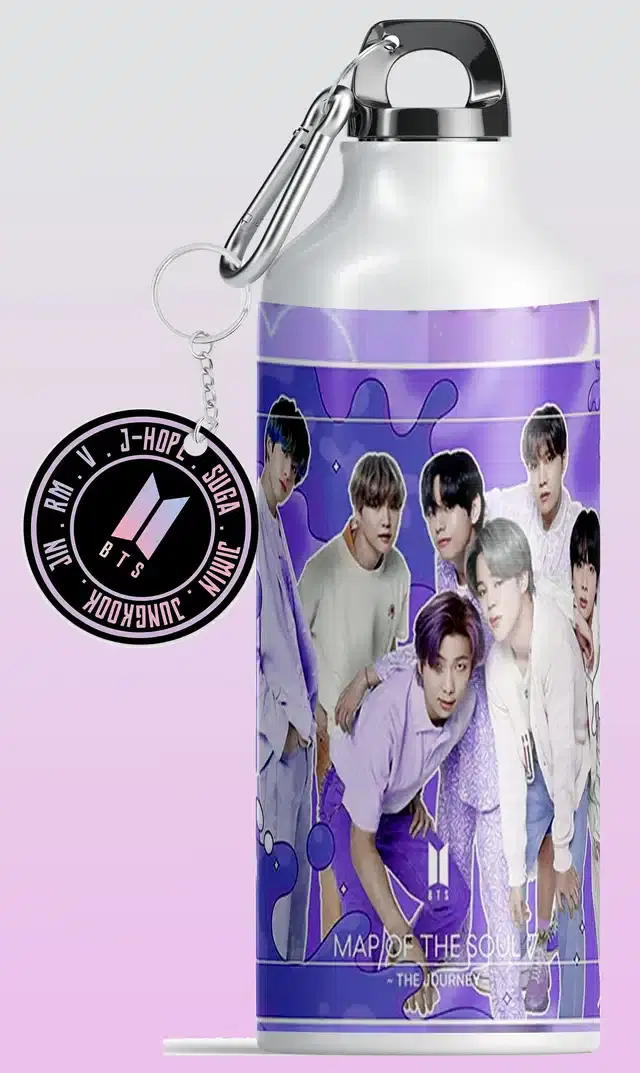 BTS Army BTS Logo Aluminium Printed Sipper Bottle with Keychain, Pack of 2, Multicolor, 350 ml, Gt-343