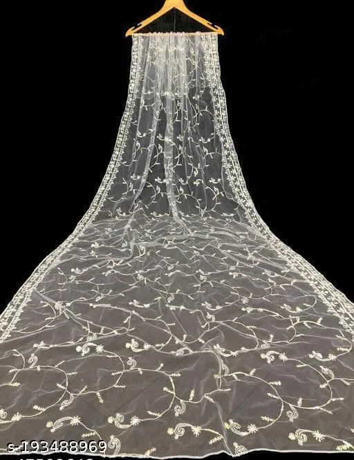 Botanical Embroidered Net Dupatta for Women (White, Free Size)