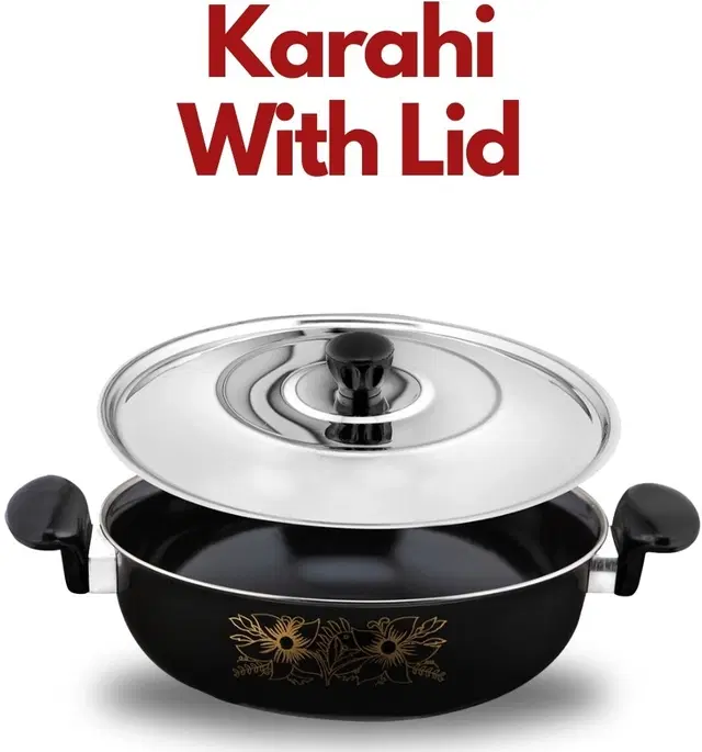 Cast Iron Kadai with Lid, Black & Silver, 28 cm