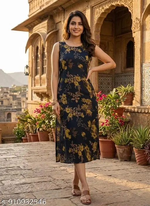 Floral Printed Kurti for Women (Black, S)