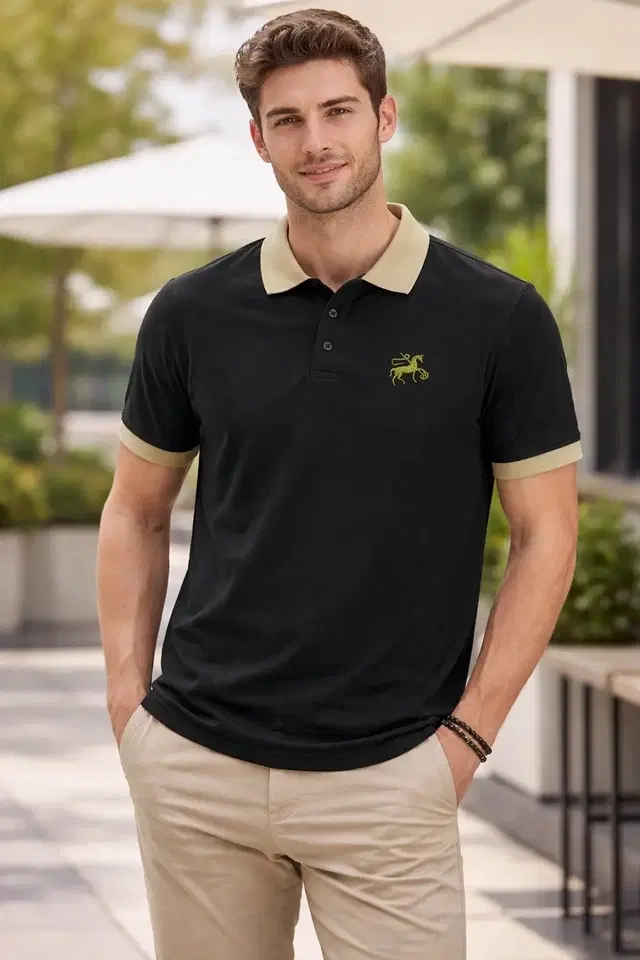 Casual Wear Polo Neck Cotton Blend T-Shirt for Men, Black (M)