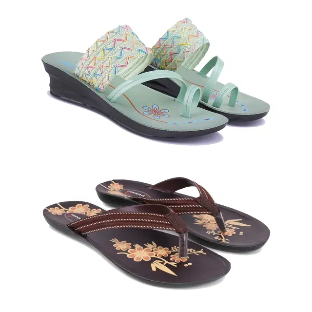 Sandals for Women, Pack of 2 (Mint Green & Brown, 5)