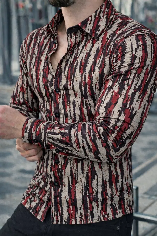 Lycra Geometric Print Shirt for Men, Red (S)