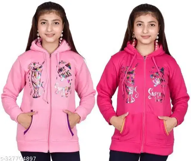 Woolen Full Sleeves Hooded Sweatshirts for Girls, Pack of 2 (Light Pink & Dark Pink, 10-11 Years)