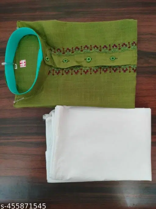 Cotton Solid Kurta Set for Men, White & Green (M)