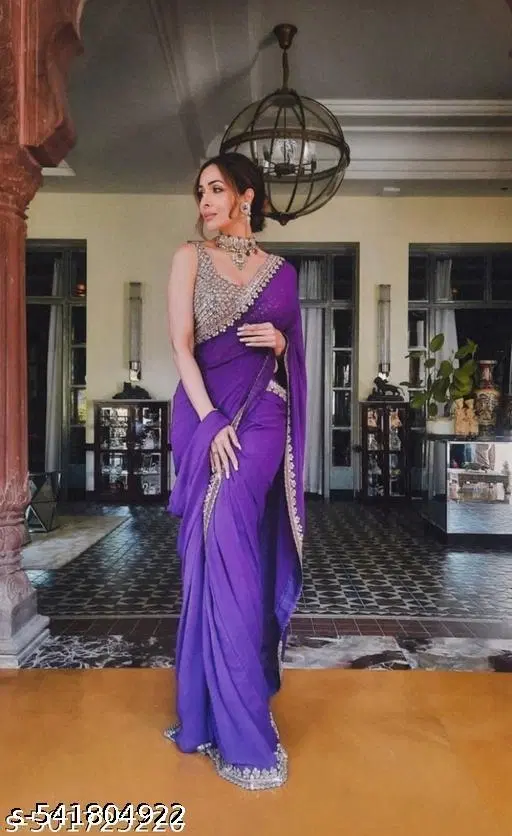 Georgette Solid Saree For Women, Purple