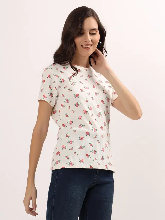 Round Neck Printed T-Shirt for Women, White (XL)